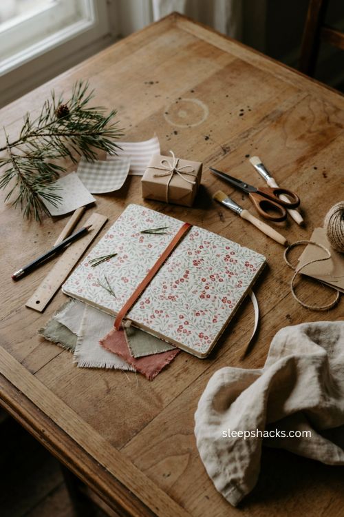 custom journal notebook diy christmas gift with handmade cover ribbon bookmark and craft supplies