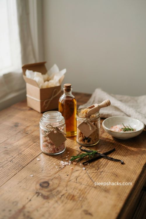 diy christmas salt and sugar scrub gift with glass jars rosemary vanilla and wooden scoops