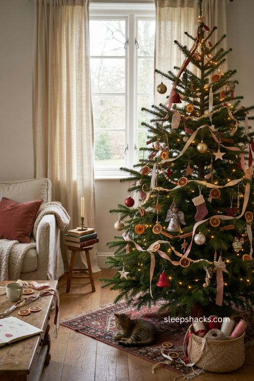 diy christmas tree garland with handmade ribbon and natural holiday details 