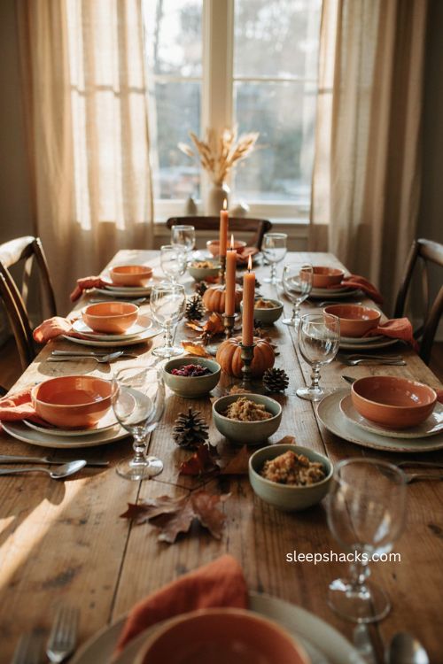 dollar tree stoneware plates thanksgiving table setting with orange napkins and glass goblets 