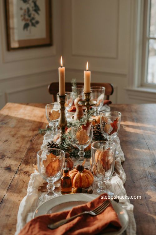 dollar tree thanksgiving centerpiece with glass goblets fall leaves and candles 