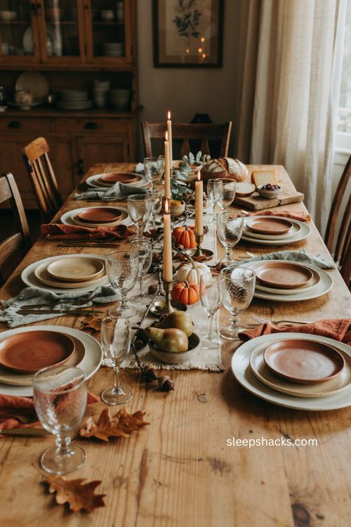 dollar tree thanksgiving table setting with stoneware plates and fall glassware 