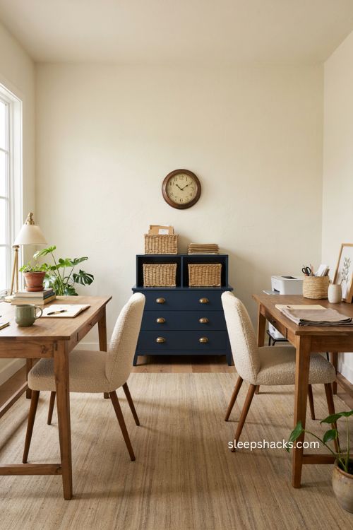 double desk home office with navy storage cabinet divider and warm wood desks