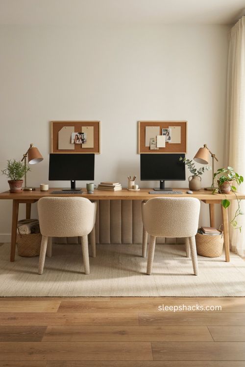 double desk home office with padded center panel and shared workspace