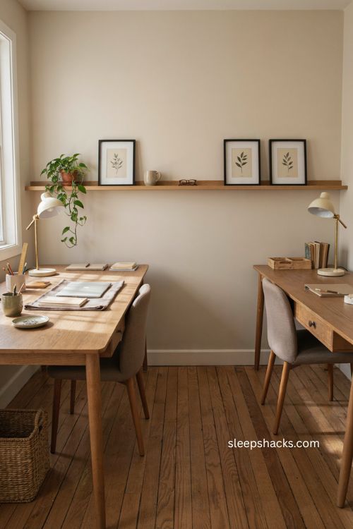 double desk home office with two workstations and warm shared workspace