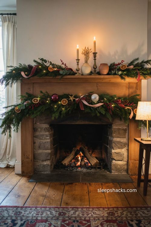 double layered christmas mantel garland with dried oranges ribbon and warm lights 