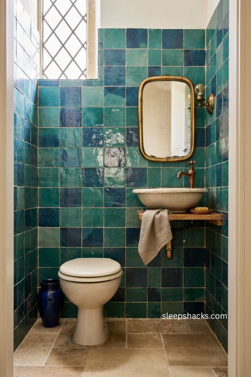 downstairs toilet ideas with emerald green and sapphire blue jewel toned tiles