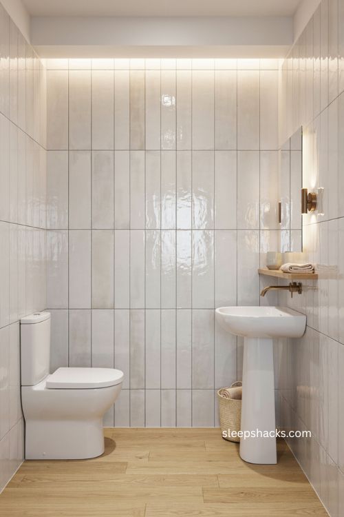 downstairs toilet ideas with large glossy tiles for a windowless room 