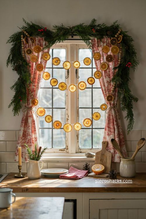 dried orange garland over cottage kitchen window with greenery and toile curtains 