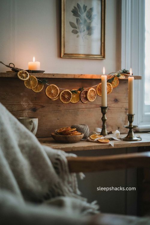 dried orange slice Christmas garland with twine greenery and warm holiday decor 