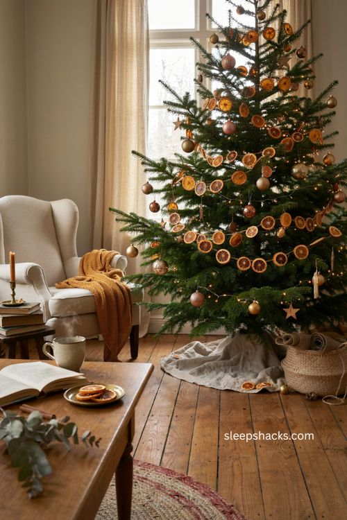 dried orange slice garland on a vintage christmas tree 