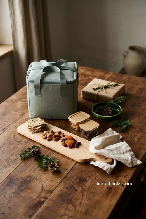 eco friendly Christmas client gift with rPET cooler bag bamboo serving board and sustainable holiday details 