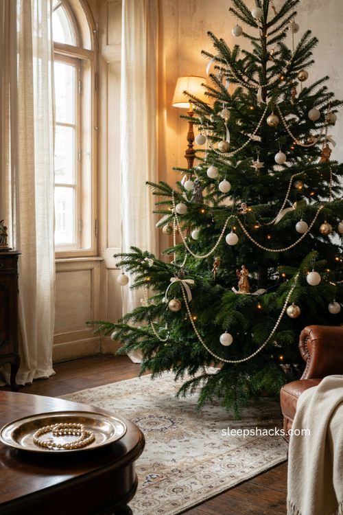 elegant pearl garland on a white and gold christmas tree 