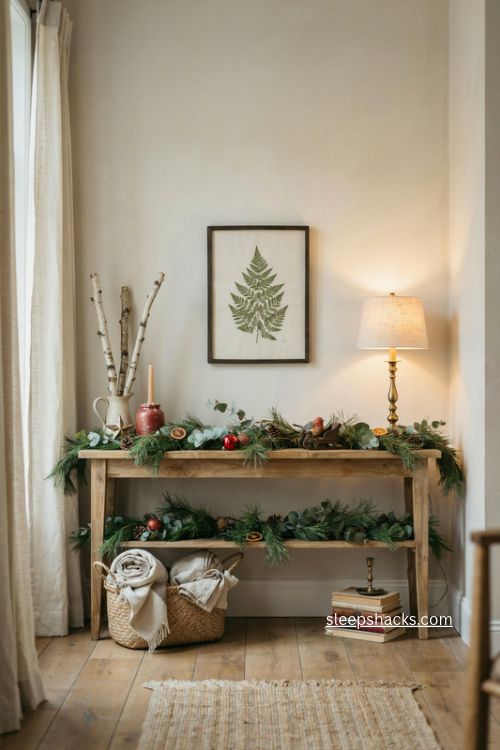 evergreen garland console table christmas decor cozy entryway styling 