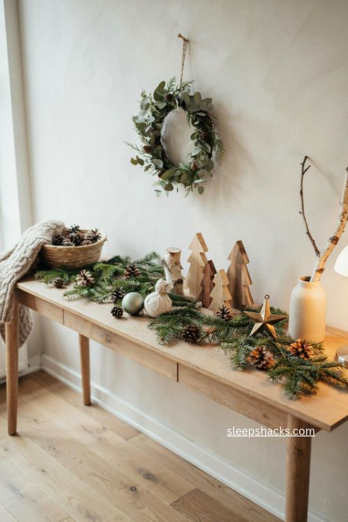 evergreens pinecones and wooden trees rustic christmas console table decor with winter wreath 