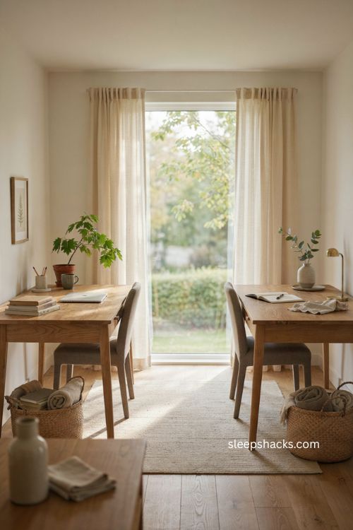 facing double desks with central window in a bright shared home office