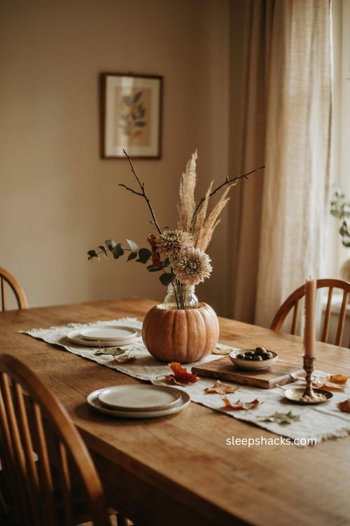 fall diy pumpkin vase with dried florals and eucalyptus centerpiece 