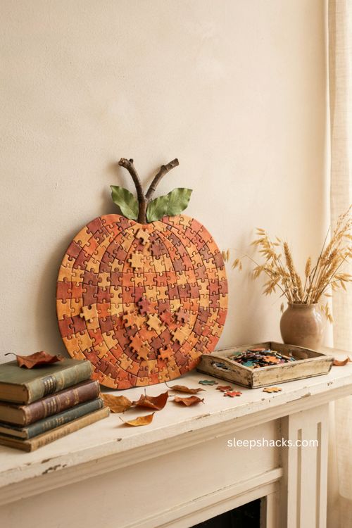 fall diy puzzle piece pumpkin with twigs and paper leaves farmhouse decor 