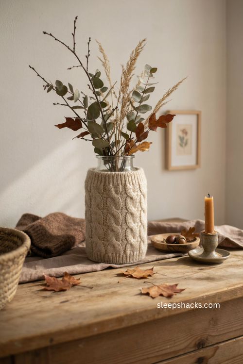fall diy sweater sleeve vase cover with dried branches and cozy cable knit texture 