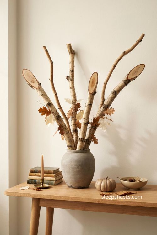fall diy wood slice branch arrangement with dried leaves and rustic vase centerpiece