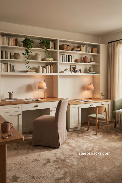 family double desk home office with kid friendly homework zone and white built ins