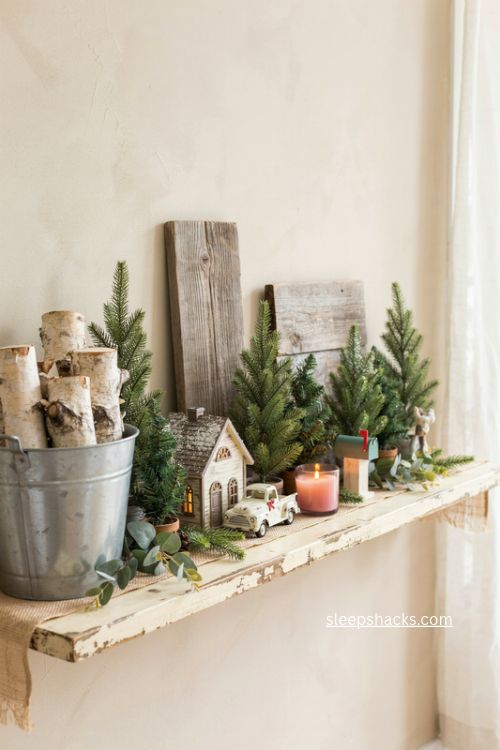 farmhouse christmas console table decor with galvanized tub birch logs mini trees and vintage truck 