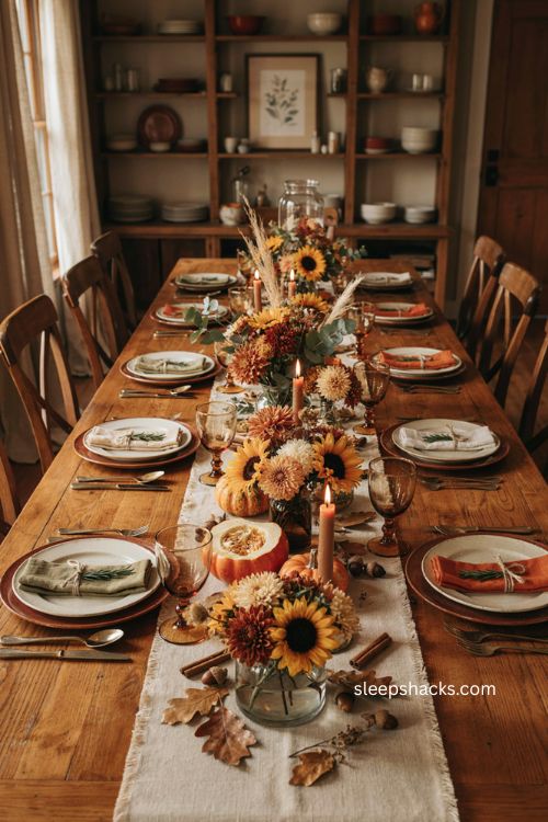 faux sunflower and mum flower centerpiece with pumpkins for dollar tree thanksgiving table setting 