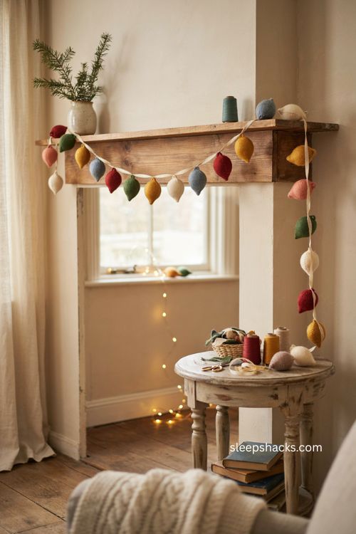 felt holiday light garland with colorful handmade Christmas bulbs and rustic decor 