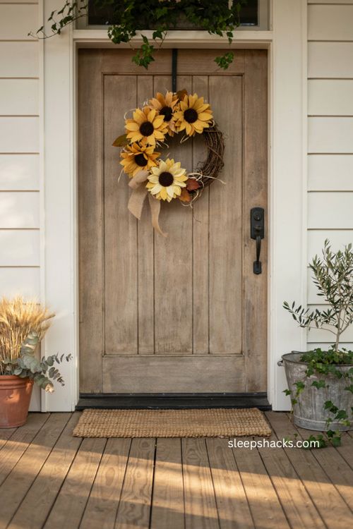felt sunflower wreath with burlap ribbon and cozy farmhouse fall front door decor