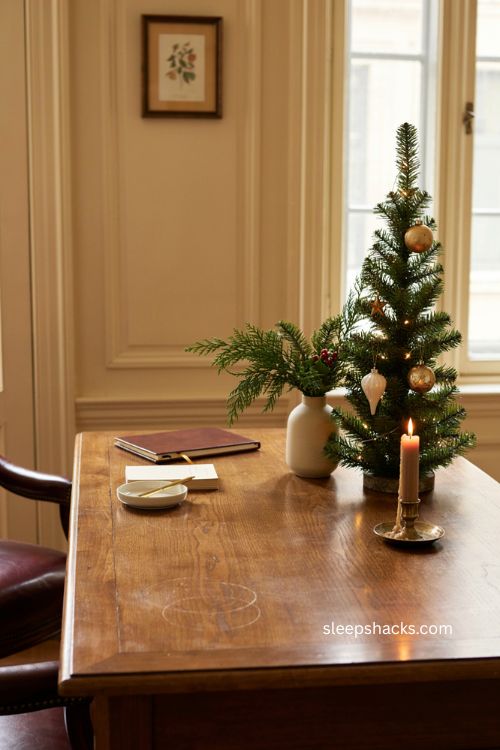 festive office reception desk with small christmas tree greenery and gold decor 