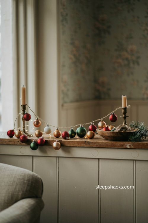 five minute ornament garland with mixed size Christmas balls and rustic twine 