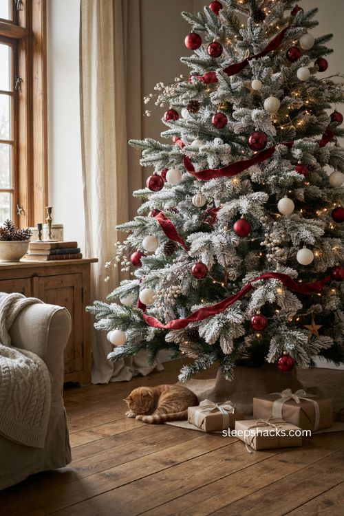 flocked red and white Christmas tree with snowy branches and rich red ornaments 