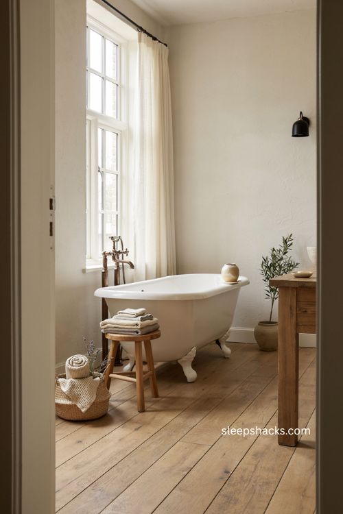 freestanding farmhouse bathroom with clawfoot soaking tub and vintage bronze fixtures 