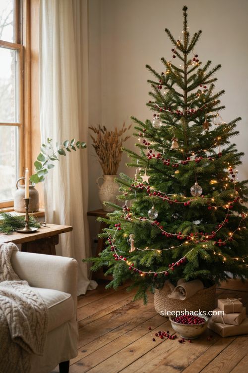 fresh cranberry garland on a traditional christmas tree 
