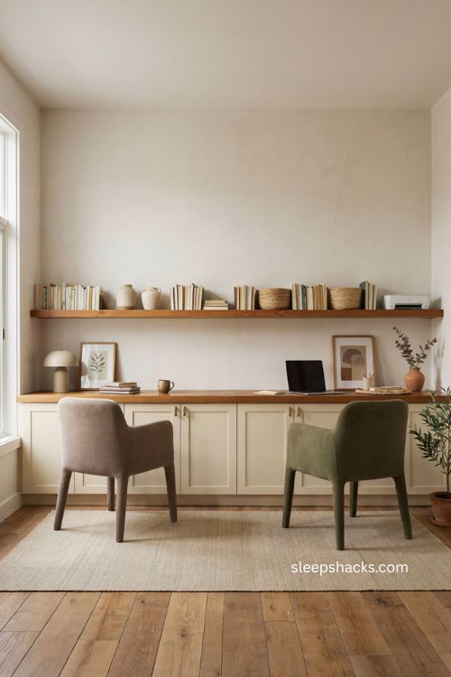full built in wall double desk home office with two work zones and warm wood countertop