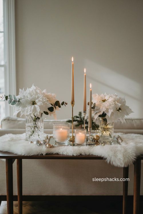 glam Christmas sofa table decor with metallics mirrors crystal and candlelight