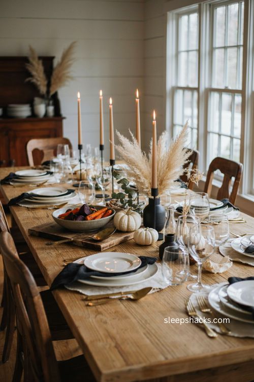 gold cutlery with black and white thanksgiving table decor