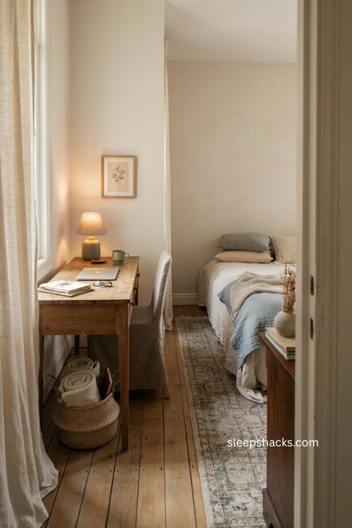 guest room office desk ideas with console table and cozy guest bed 