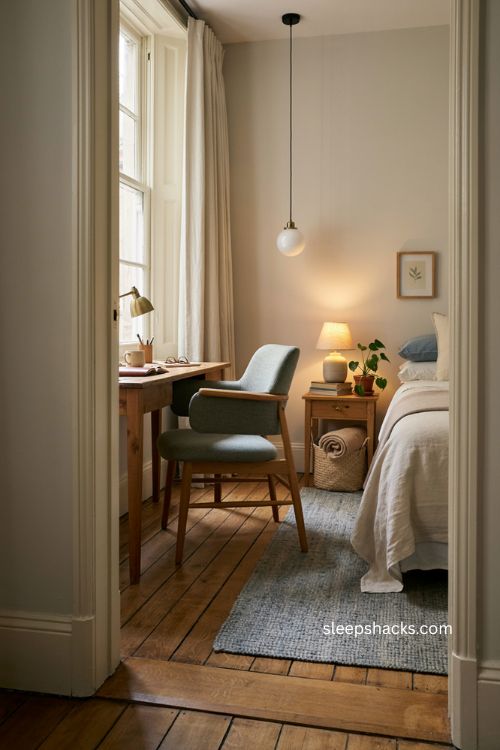 guest room office lighting ideas with layered desk and bedside lamps 