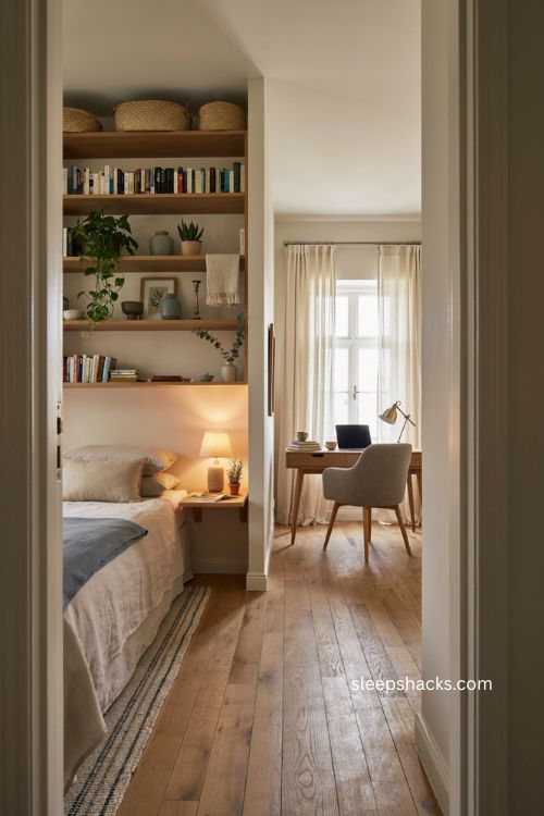 guest room office vertical storage with tall bookcase and clear floor space 