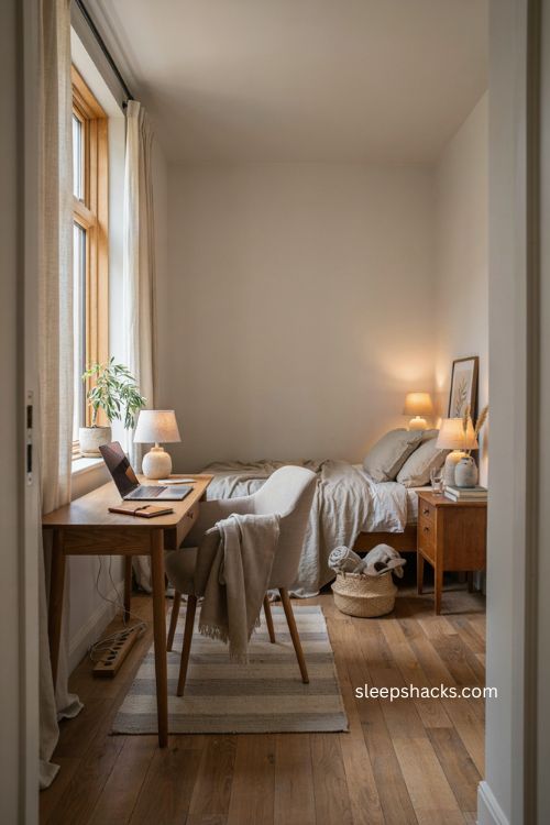 guest room office window desk with natural light and cozy guest bed 