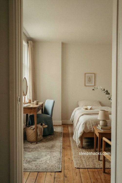 guest room office zoning ideas with separate rugs for desk and bed 