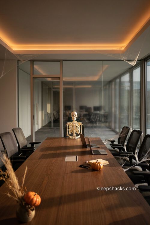 halloween office conference room decor with skeleton and spider webs 