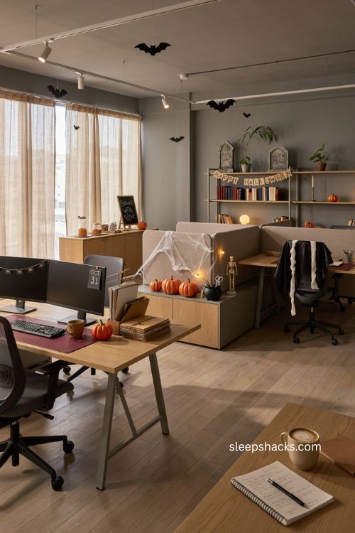 halloween office costume day decor with themed desks pumpkins cobwebs and skeletons