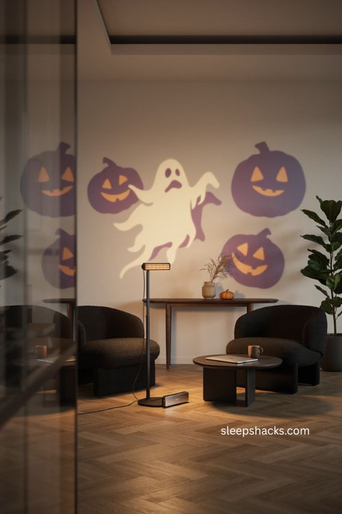 halloween office decor with ghost projection lights and glowing pumpkin wall 