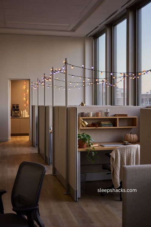 halloween office decor with orange and purple string lights 