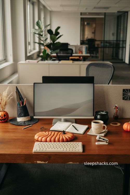 halloween office desk decor with pumpkin mousepad bat mug and seasonal supplies 