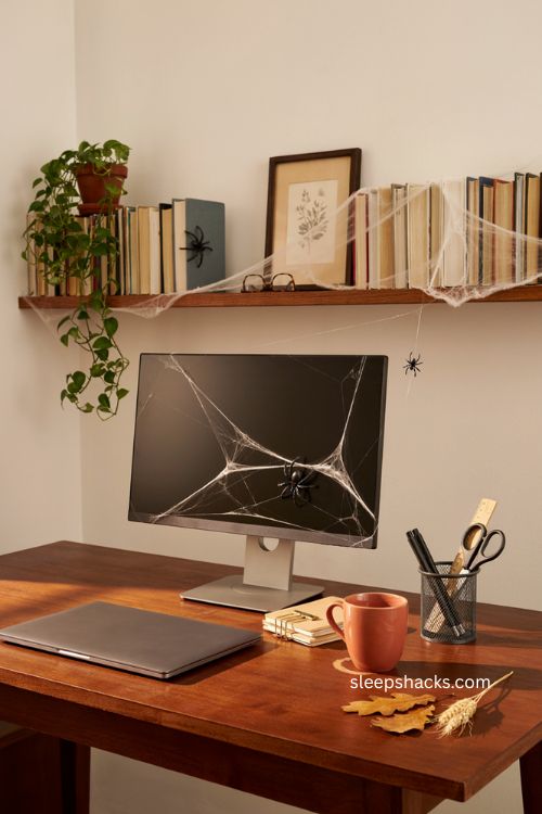 halloween office desk decor with stretchy spider webs and subtle plastic spiders 