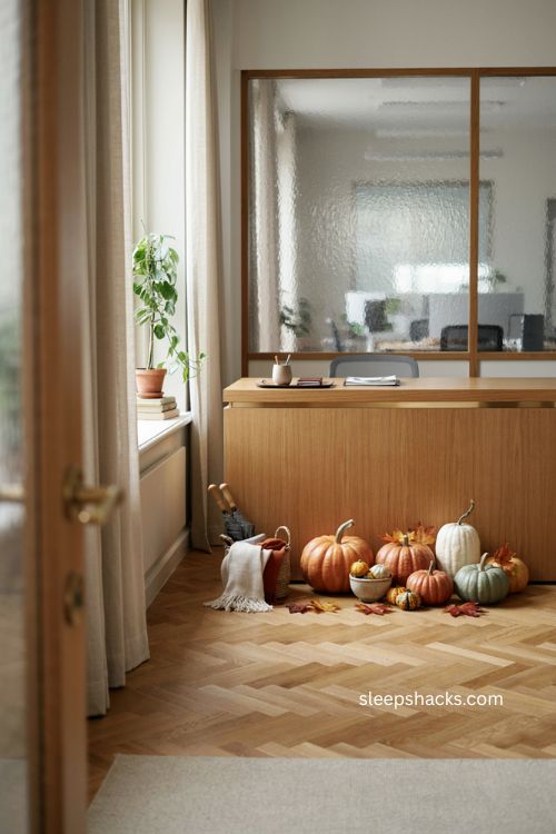 halloween office entrance decor with pumpkin patch gourds and autumn leaves 