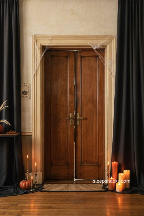 halloween office entryway decor with black curtains and warm candlelight 